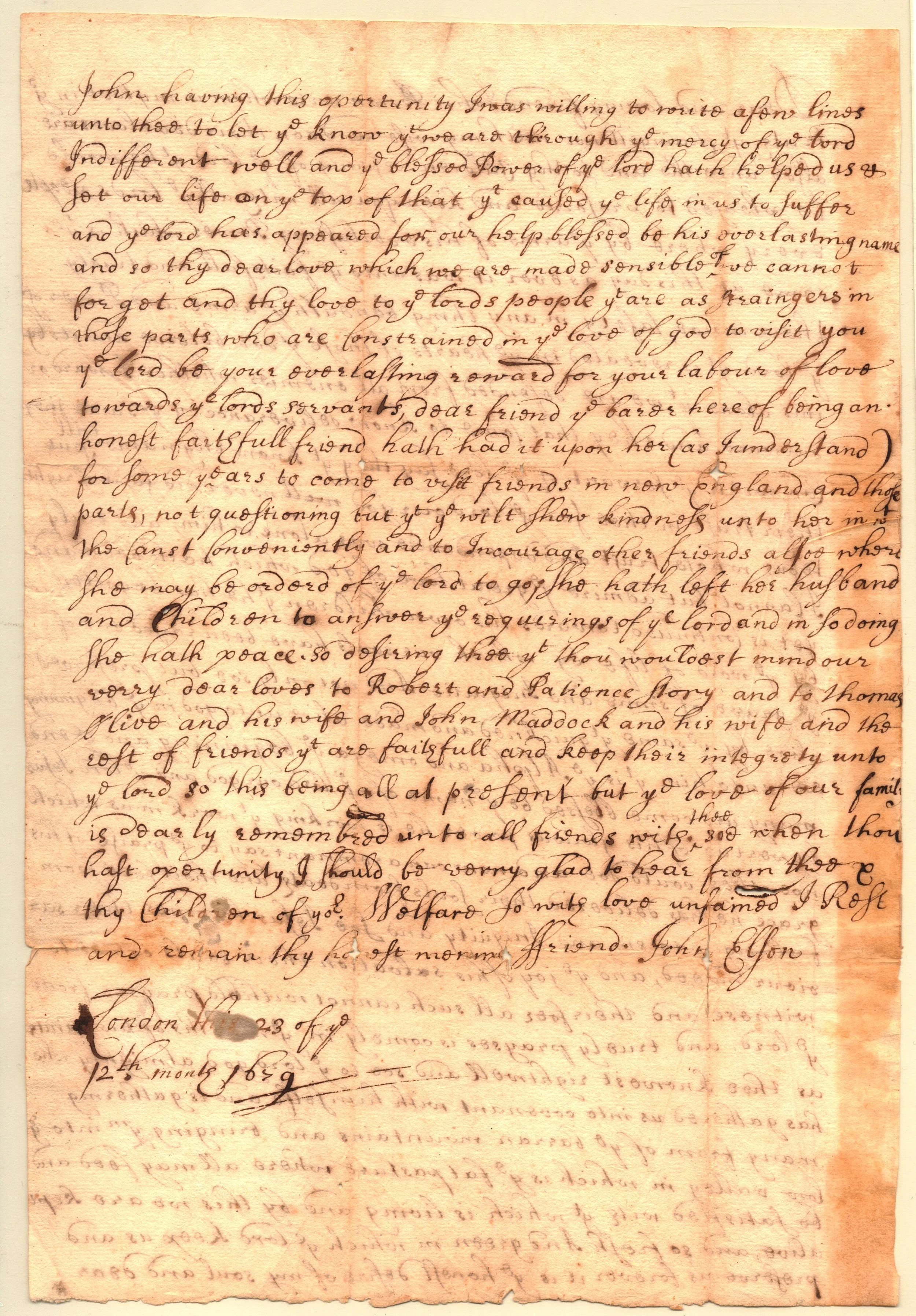 Elson Letter, 1679/80 — Bowne House
